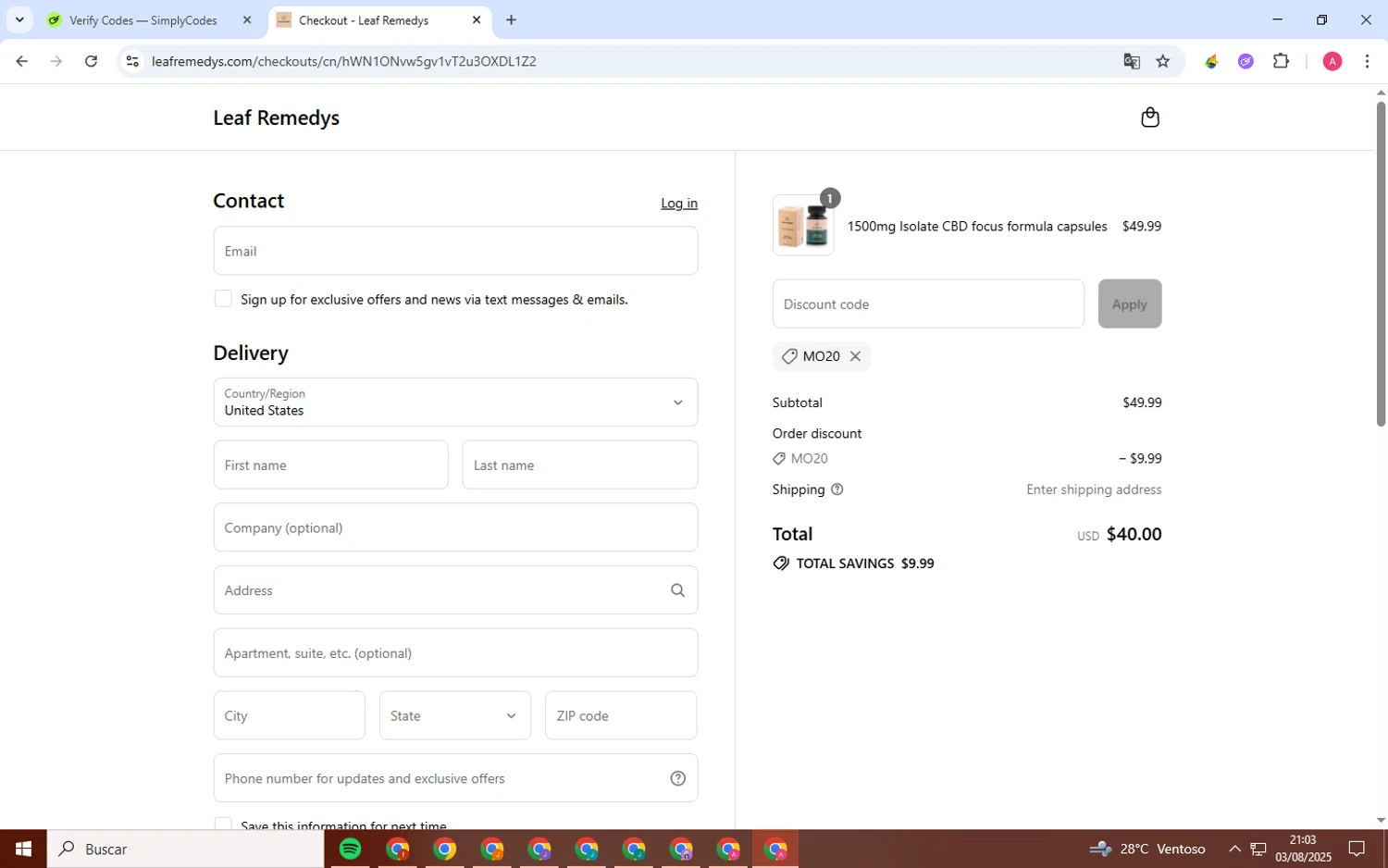 Leaf Remedys discount code screenshot showing code MO20 applied at Leaf Remedys checkout page. Uploaded by SimplyCodes community member Elcogeculo on Aug 4, 2025
