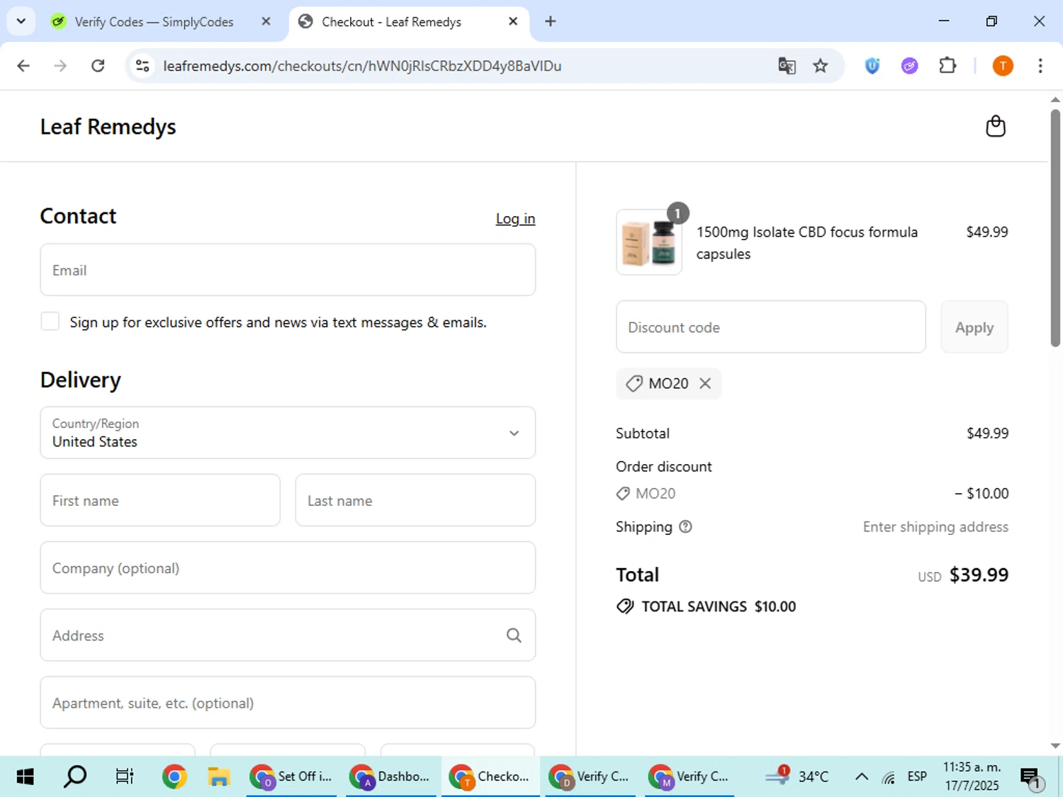 Leaf Remedys discount code screenshot showing code MO20 applied at Leaf Remedys checkout page. Uploaded by SimplyCodes community member EpicHero3141 on Jul 17, 2025