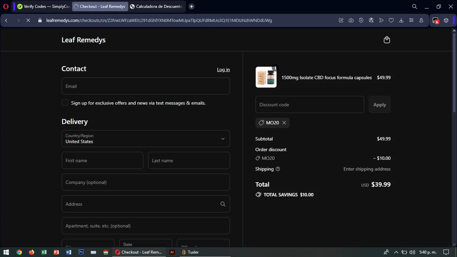 Leaf Remedys discount code screenshot showing code MO20 applied at Leaf Remedys checkout page. Uploaded by SimplyCodes community member SavingsTiger3479 on Jul 8, 2025