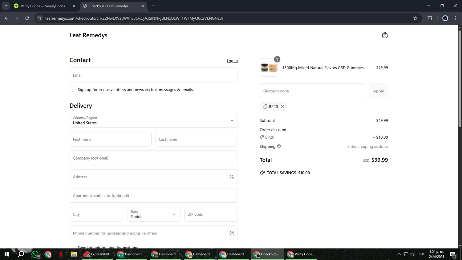 Leaf Remedys discount code screenshot showing code BP20 applied at Leaf Remedys checkout page. Uploaded by SimplyCodes community member RoyalBoss4384 on Apr 24, 2025