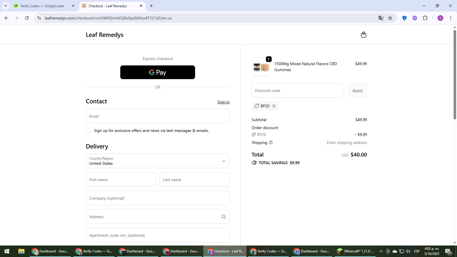 Leaf Remedys discount code screenshot showing code BP20 applied at Leaf Remedys checkout page. Uploaded by SimplyCodes community member Son_Goku on Oct 5, 2025