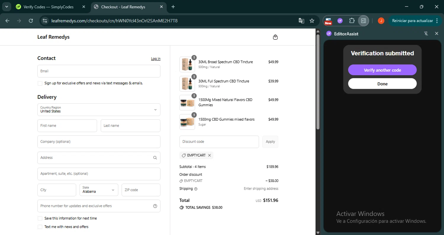Leaf Remedys discount code screenshot showing code EMPTYCART applied at Leaf Remedys checkout page. Uploaded by SimplyCodes community member SilverRanger658 on Jul 13, 2025