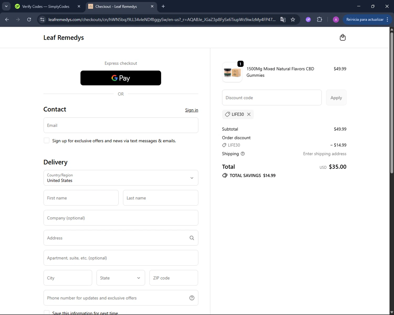 Leaf Remedys discount code screenshot showing code LIFE30 applied at Leaf Remedys checkout page. Uploaded by SimplyCodes community member AndreinaA on Nov 23, 2025