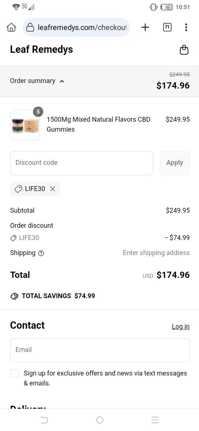 Leaf Remedys discount code screenshot showing code LIFE30 applied at Leaf Remedys checkout page. Uploaded by SimplyCodes community member EpicPilot2189 on Jun 21, 2025
