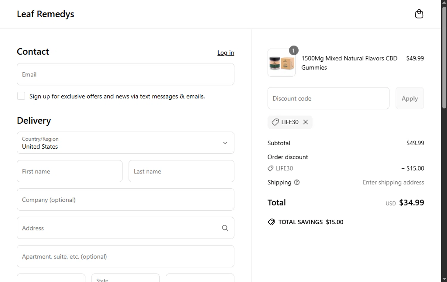 Leaf Remedys discount code screenshot showing code LIFE30 applied at Leaf Remedys checkout page. Uploaded by SimplyCodes community member SwiftTracker8156 on May 23, 2025
