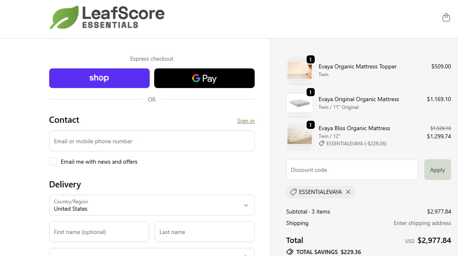LeafScore promo code screenshot showing code ESSENTIALEVAYA applied at LeafScore checkout page. Uploaded by SimplyCodes community member Juanls04 on Oct 5, 2025