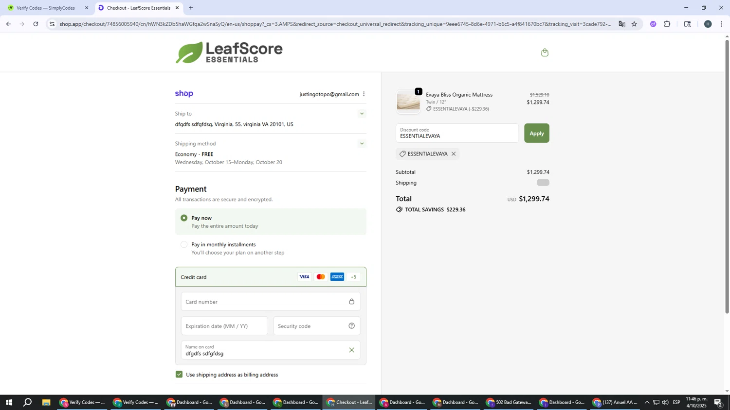 LeafScore promo code screenshot showing code ESSENTIALEVAYA applied at LeafScore checkout page. Uploaded by SimplyCodes community member YAMAHA on Oct 5, 2025