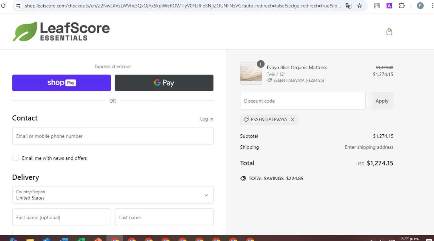 LeafScore promo code screenshot showing code ESSENTIALEVAYA applied at LeafScore checkout page. Uploaded by SimplyCodes community member ExtraordinarySleuth3936 on Jan 26, 2025