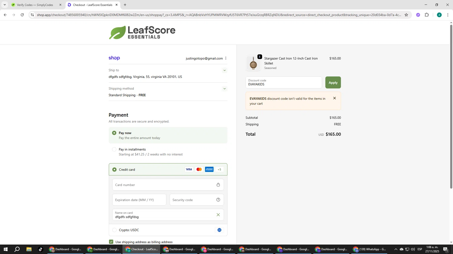 LeafScore promo code screenshot showing code EVAYAKIDS applied at LeafScore checkout page. Uploaded by SimplyCodes community member HEROESCUDA on Nov 27, 2025