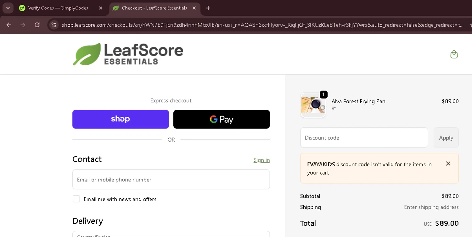 LeafScore checkout page showing LeafScore promo code box | Screenshot taken by SimplyCodes community member on Jan 4, 2026