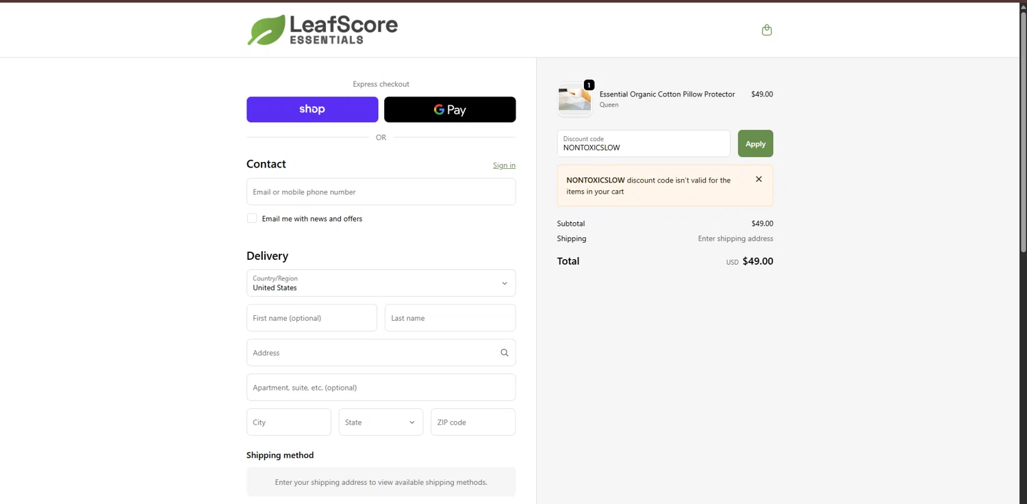 LeafScore promo code screenshot showing code NONTOXICSLOW applied at LeafScore checkout page. Uploaded by SimplyCodes community member RebatePioneer1295 on Dec 2, 2025