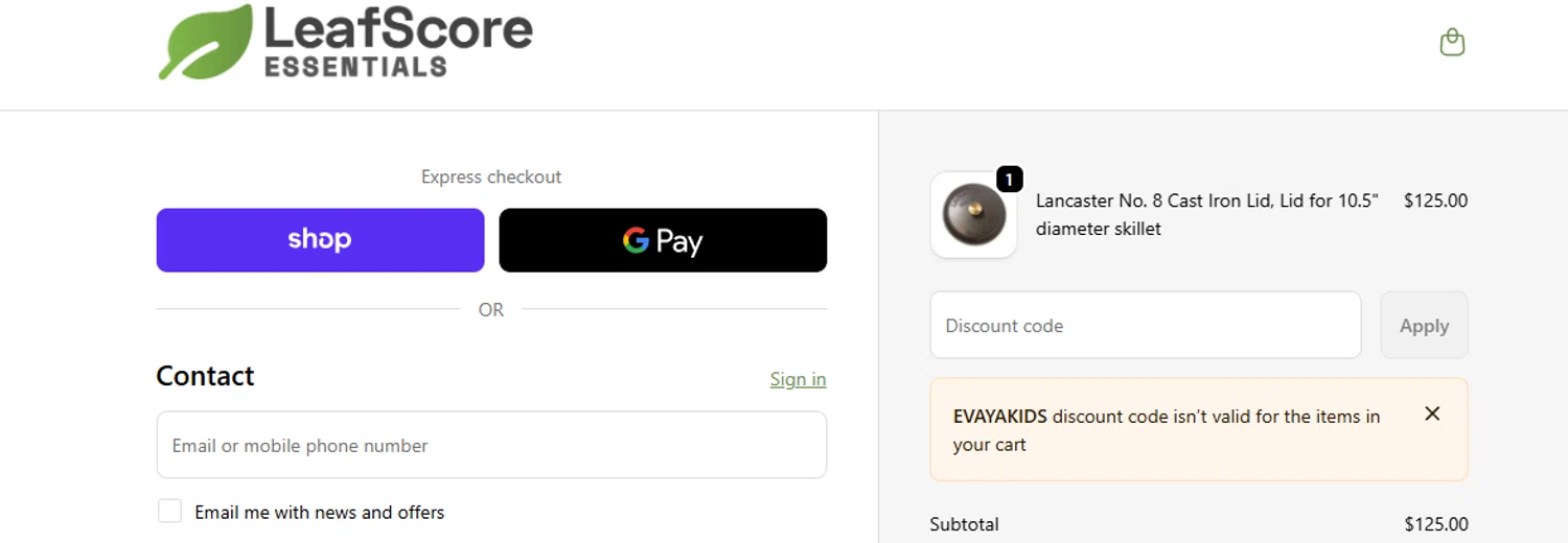 LeafScore promo code screenshot showing code EVAYAKIDS applied at LeafScore checkout page. Uploaded by SimplyCodes community member ashe1986 on Oct 7, 2025