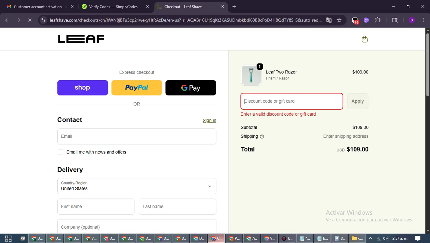 Leaf Shave discount code screenshot showing code READYLEAF-12AQ applied at Leaf Shave checkout page. Uploaded by SimplyCodes community member ShieldWarden7838 on Feb 13, 2026