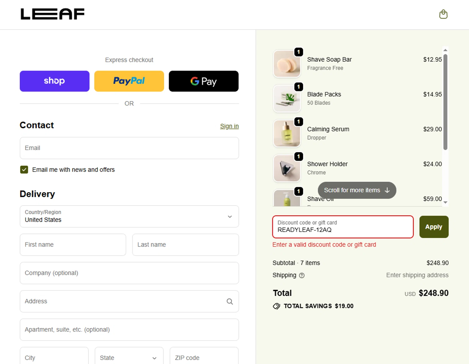 Leaf Shave discount code screenshot showing code READYLEAF-12AQ applied at Leaf Shave checkout page. Uploaded by SimplyCodes community member valeriaantonieta on Feb 13, 2026