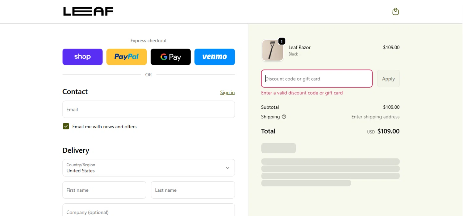 Leaf Shave discount code screenshot showing code READYLEAF-12AQ applied at Leaf Shave checkout page. Uploaded by SimplyCodes community member xHRxUltrax on Nov 14, 2025