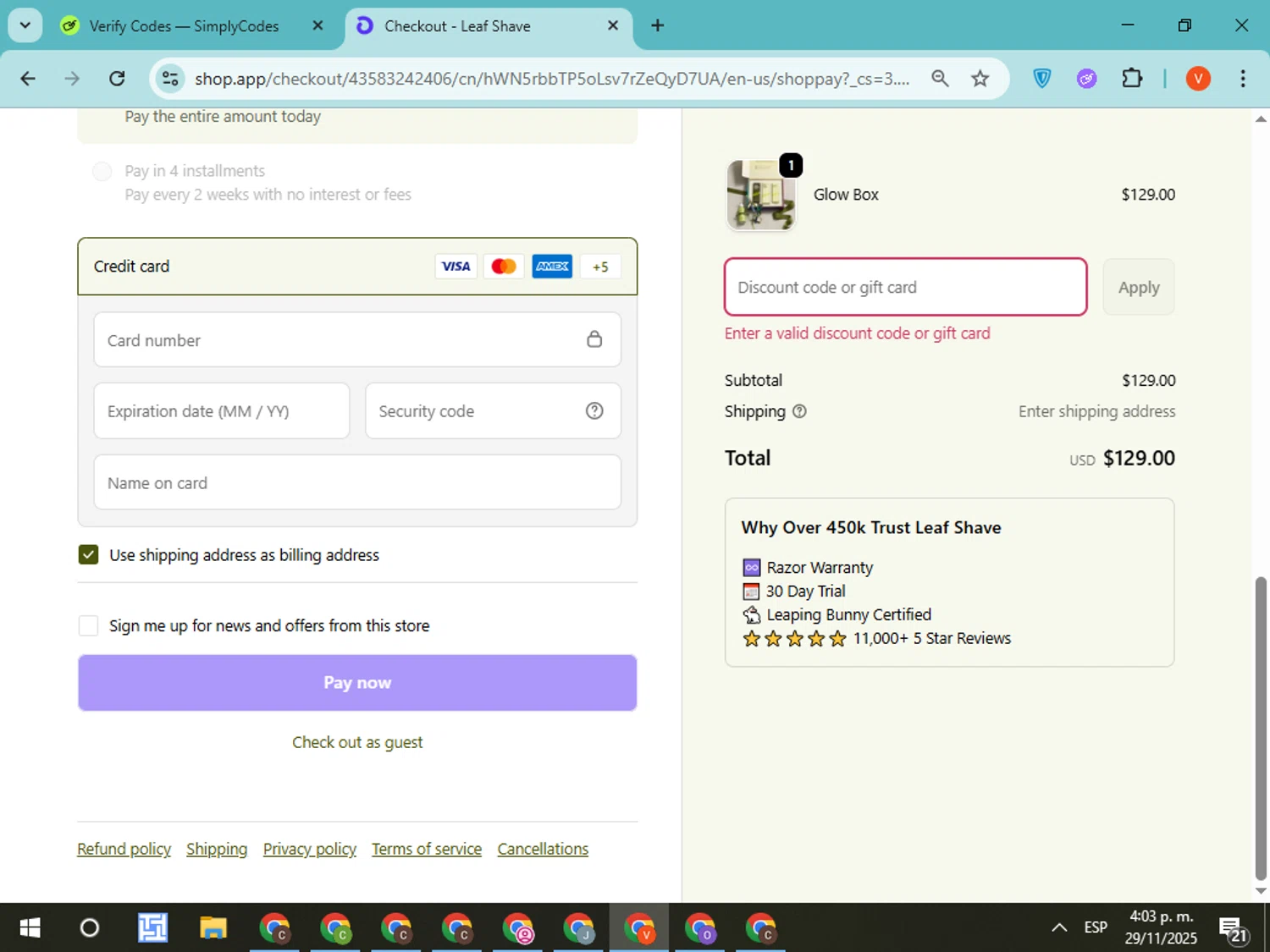 Leaf Shave discount code screenshot showing code BFKICKOFF applied at Leaf Shave checkout page. Uploaded by SimplyCodes community member CodeMonarch8148 on Nov 29, 2025