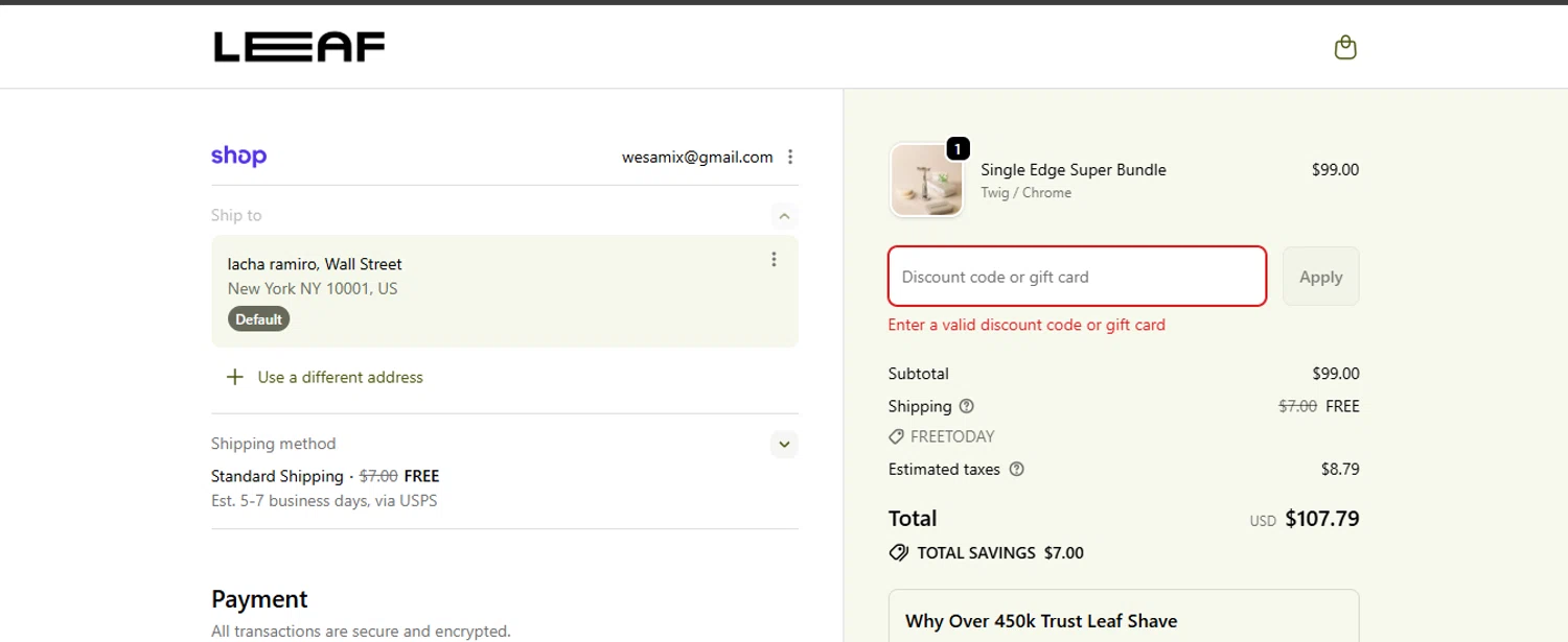 Leaf Shave discount code screenshot showing code BFKICKOFF applied at Leaf Shave checkout page. Uploaded by SimplyCodes community member coder_916642691 on Dec 12, 2025