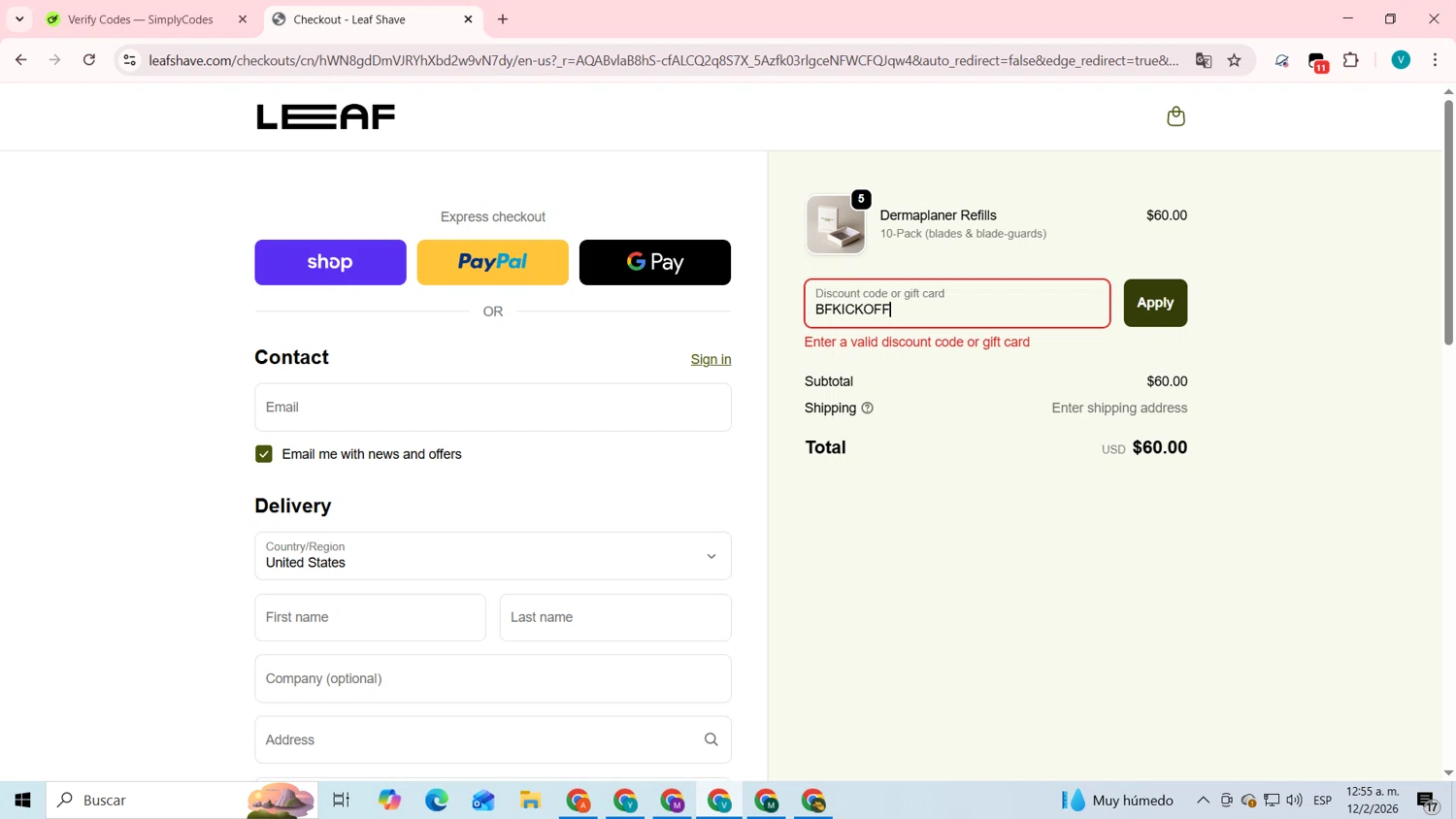 Leaf Shave discount code screenshot showing code BFKICKOFF applied at Leaf Shave checkout page. Uploaded by SimplyCodes community member lyffytaro on Feb 12, 2026