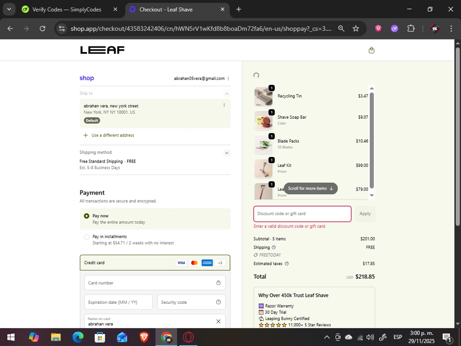 Leaf Shave discount code screenshot showing code BFALLACCESS applied at Leaf Shave checkout page. Uploaded by SimplyCodes community member TreasureAdmiral6867 on Nov 29, 2025