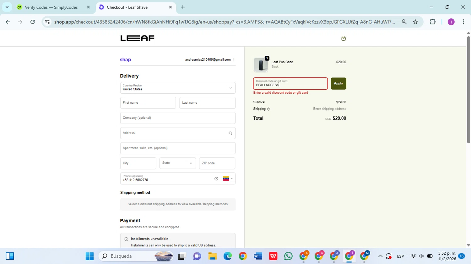 Leaf Shave discount code screenshot showing code BFALLACCESS applied at Leaf Shave checkout page. Uploaded by SimplyCodes community member christophersierra on Feb 11, 2026