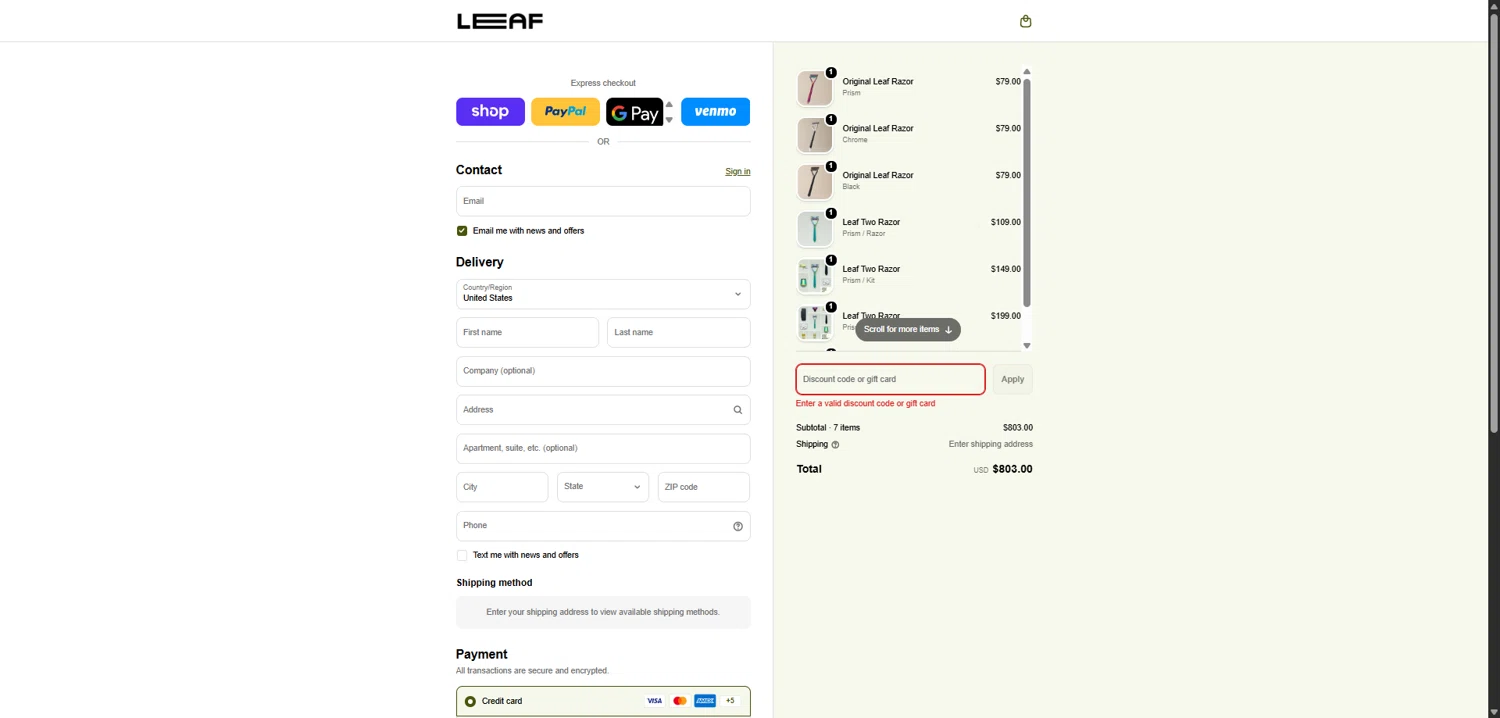 Leaf Shave discount code screenshot showing code THANKYOUCUSTOMERS applied at Leaf Shave checkout page. Uploaded by SimplyCodes community member MightyMaverick3143 on Feb 10, 2026