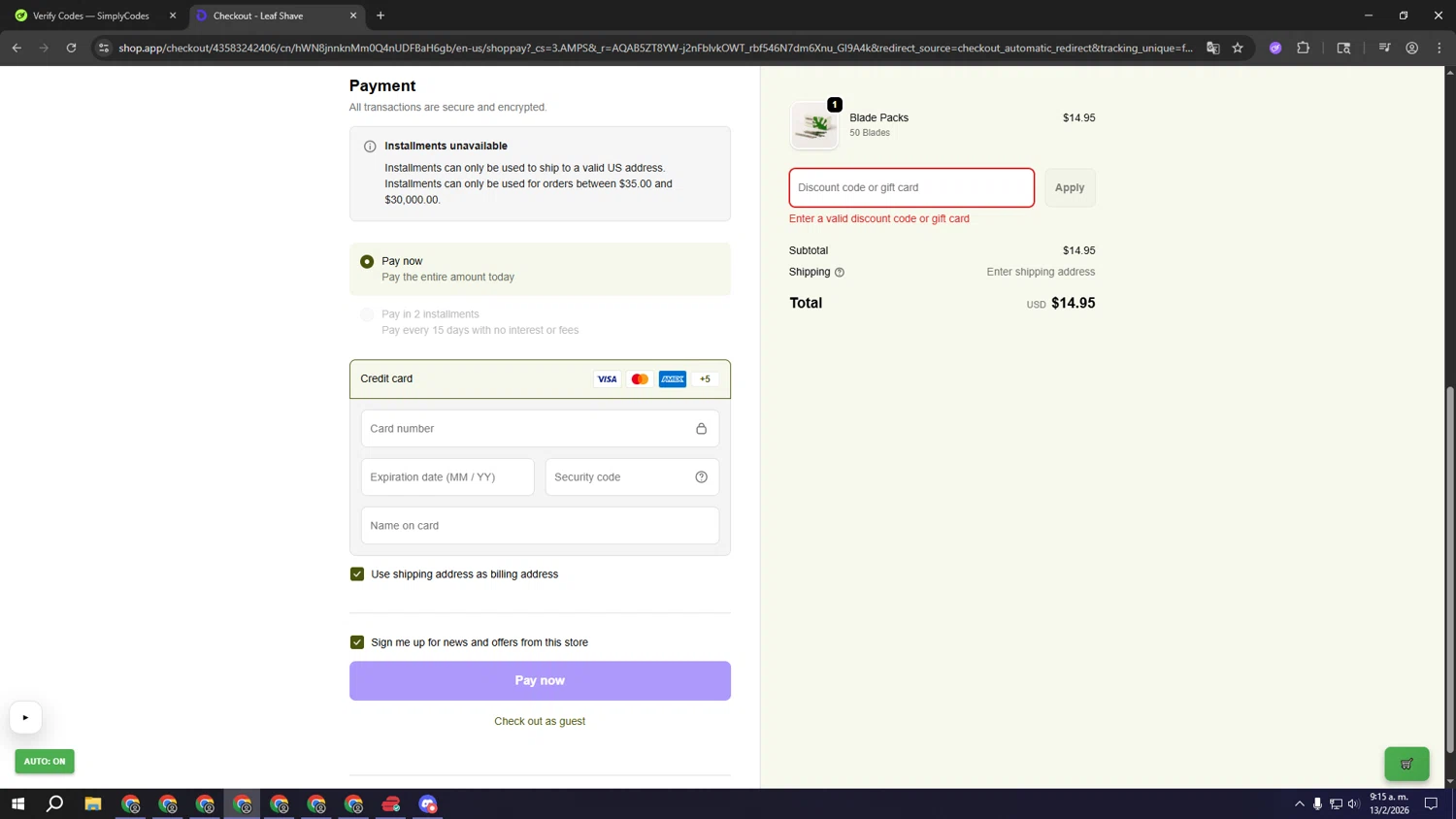 Leaf Shave discount code screenshot showing code THANKYOUCUSTOMERS applied at Leaf Shave checkout page. Uploaded by SimplyCodes community member gggggggggggggggggggggg on Feb 13, 2026