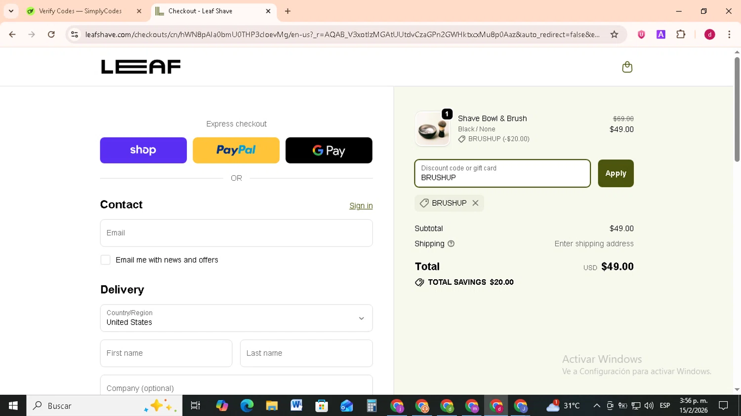 Leaf Shave discount code screenshot showing code BRUSHUP applied at Leaf Shave checkout page. Uploaded by SimplyCodes community member FrugalMonarch7277 on Feb 15, 2026