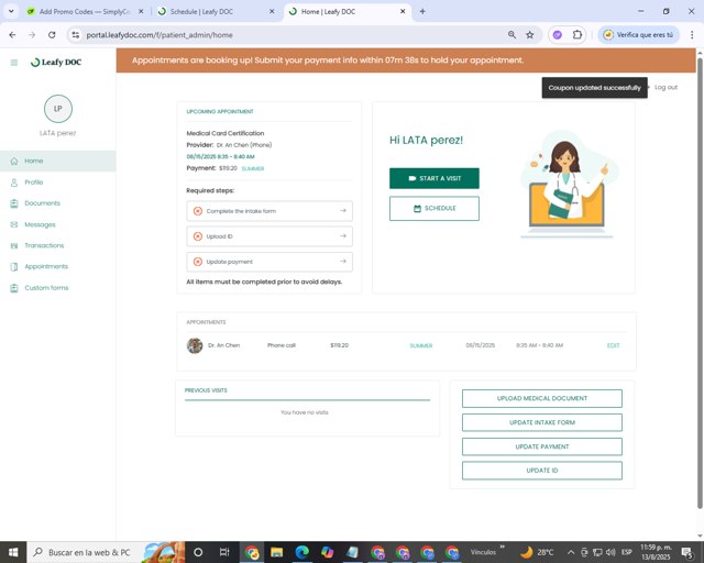 Leafy DOC checkout page showing Leafy DOC coupon code box | Screenshot taken by SimplyCodes community member on Aug 14, 2025