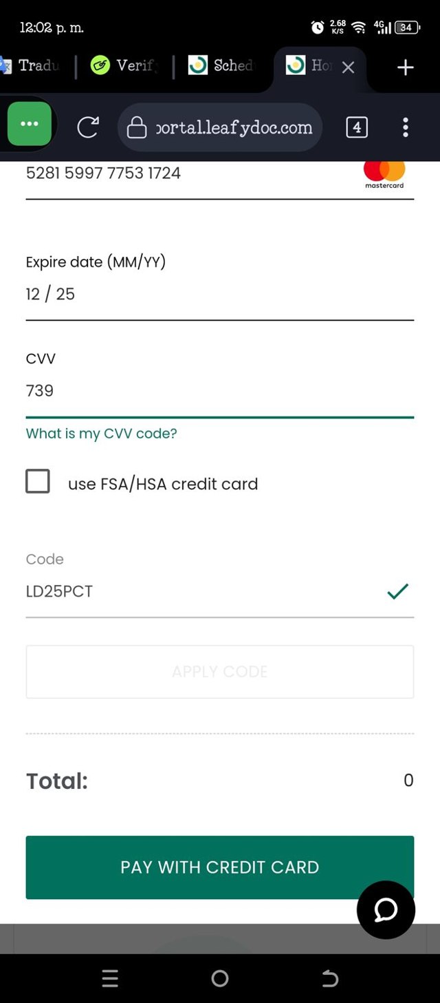 Leafy DOC checkout page showing Leafy DOC coupon code box | Screenshot taken by SimplyCodes community member on Aug 25, 2025