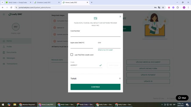 Leafy DOC checkout page showing Leafy DOC coupon code box | Screenshot taken by SimplyCodes community member on Jun 28, 2025