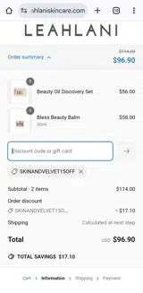 Skinandvelvet15off coupon verification screenshot