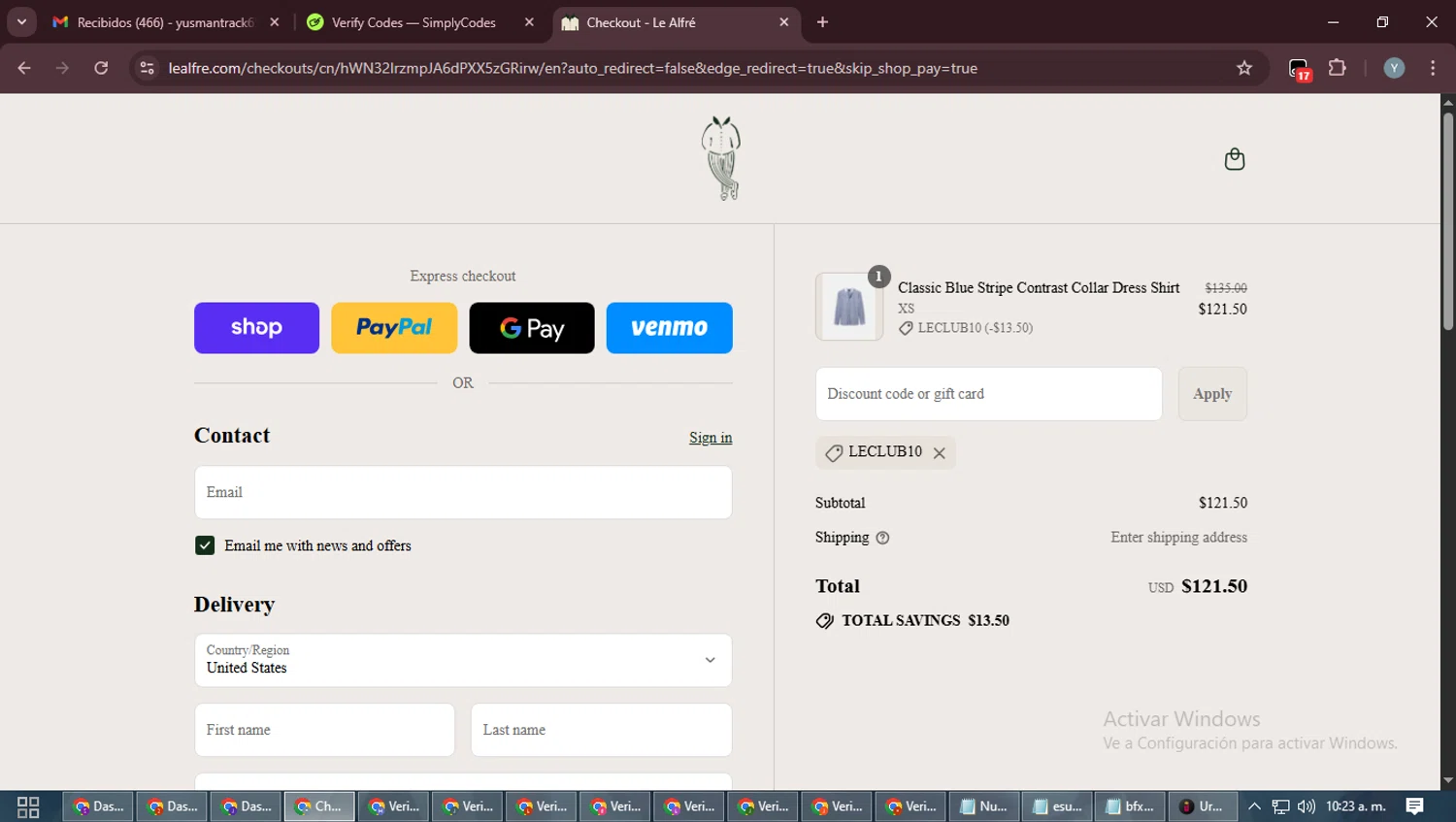 Le Alfre discount code screenshot showing code LECLUB10 applied at Le Alfre checkout page. Uploaded by SimplyCodes community member MoneyTiger5162 on Sep 16, 2025