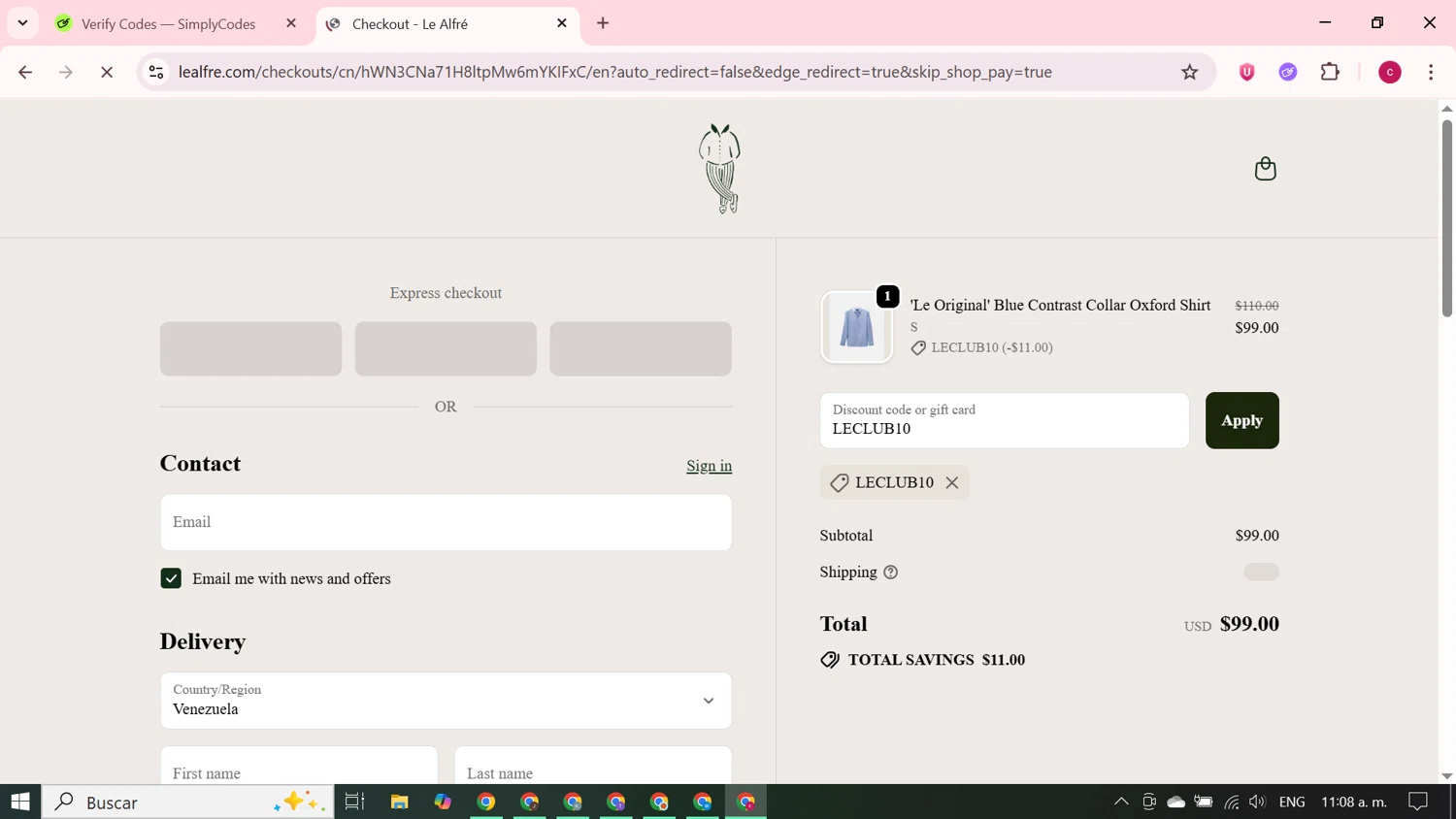 Le Alfre discount code screenshot showing code LECLUB10 applied at Le Alfre checkout page. Uploaded by SimplyCodes community member RewardElite5744 on Sep 20, 2025