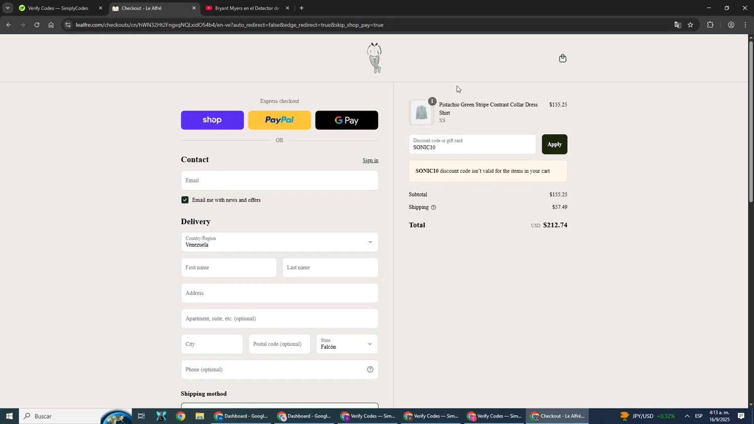 Le Alfre discount code screenshot showing code SONIC10 applied at Le Alfre checkout page. Uploaded by SimplyCodes community member ScanShopper554 on Sep 16, 2025