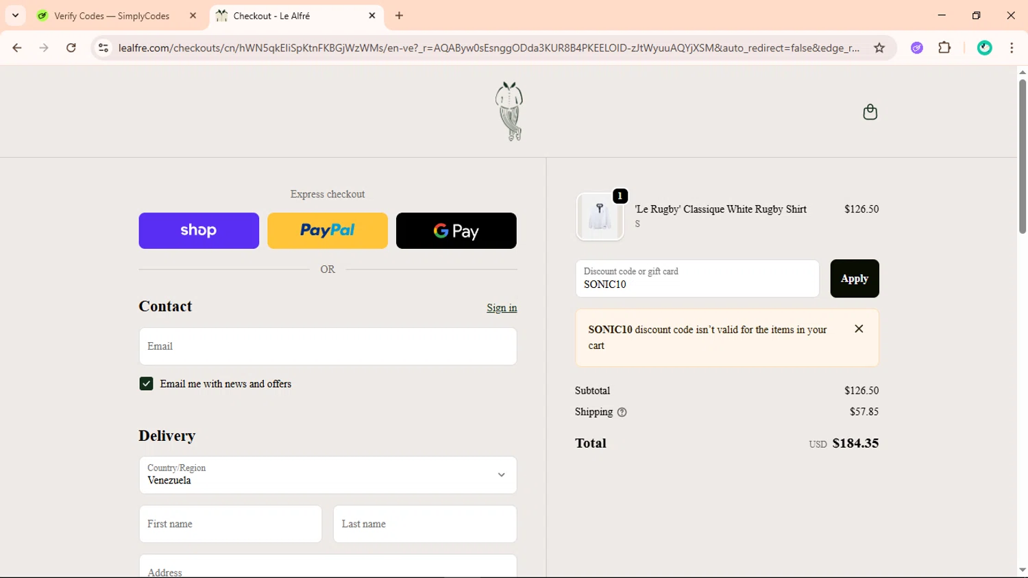 Le Alfre discount code screenshot showing code SONIC10 applied at Le Alfre checkout page. Uploaded by SimplyCodes community member ShieldLegend9691 on Nov 29, 2025