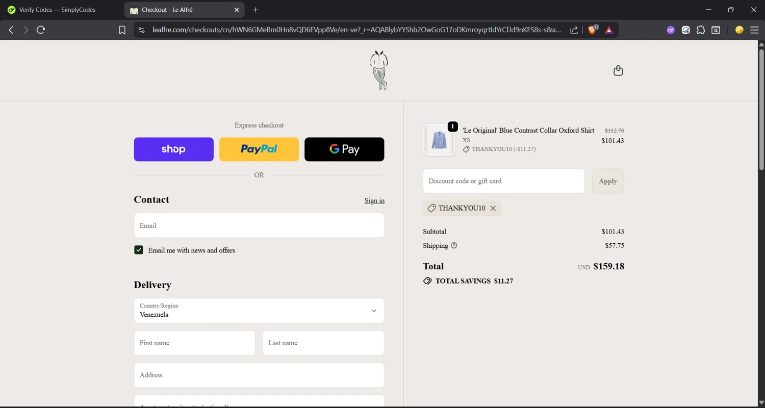 Le Alfre discount code screenshot showing code THANKYOU10 applied at Le Alfre checkout page. Uploaded by SimplyCodes community member Materiagrey10 on Dec 10, 2025