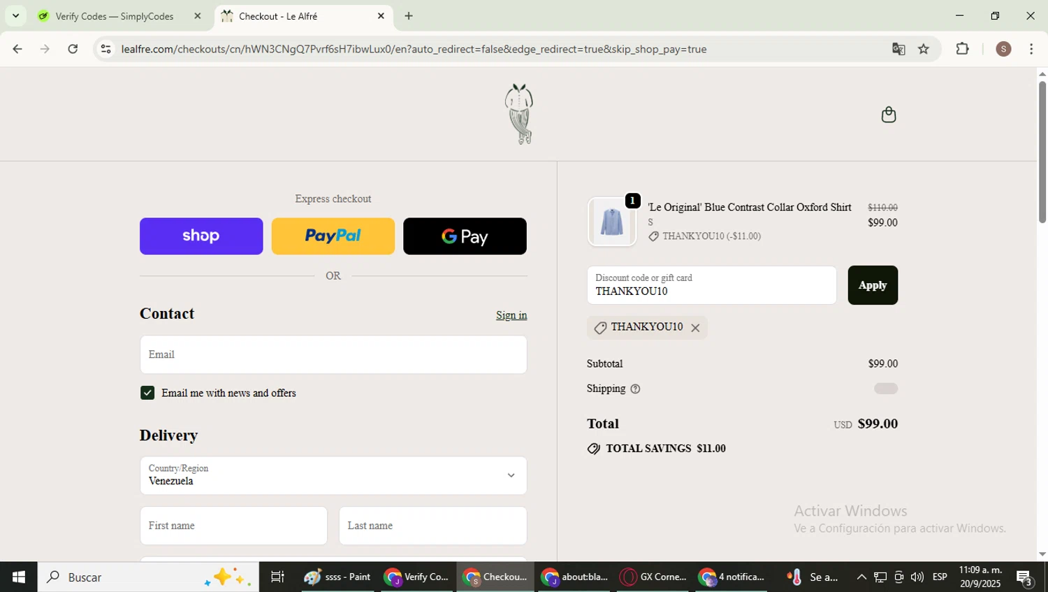 Le Alfre discount code screenshot showing code THANKYOU10 applied at Le Alfre checkout page. Uploaded by SimplyCodes community member WiseExpert2972 on Sep 20, 2025