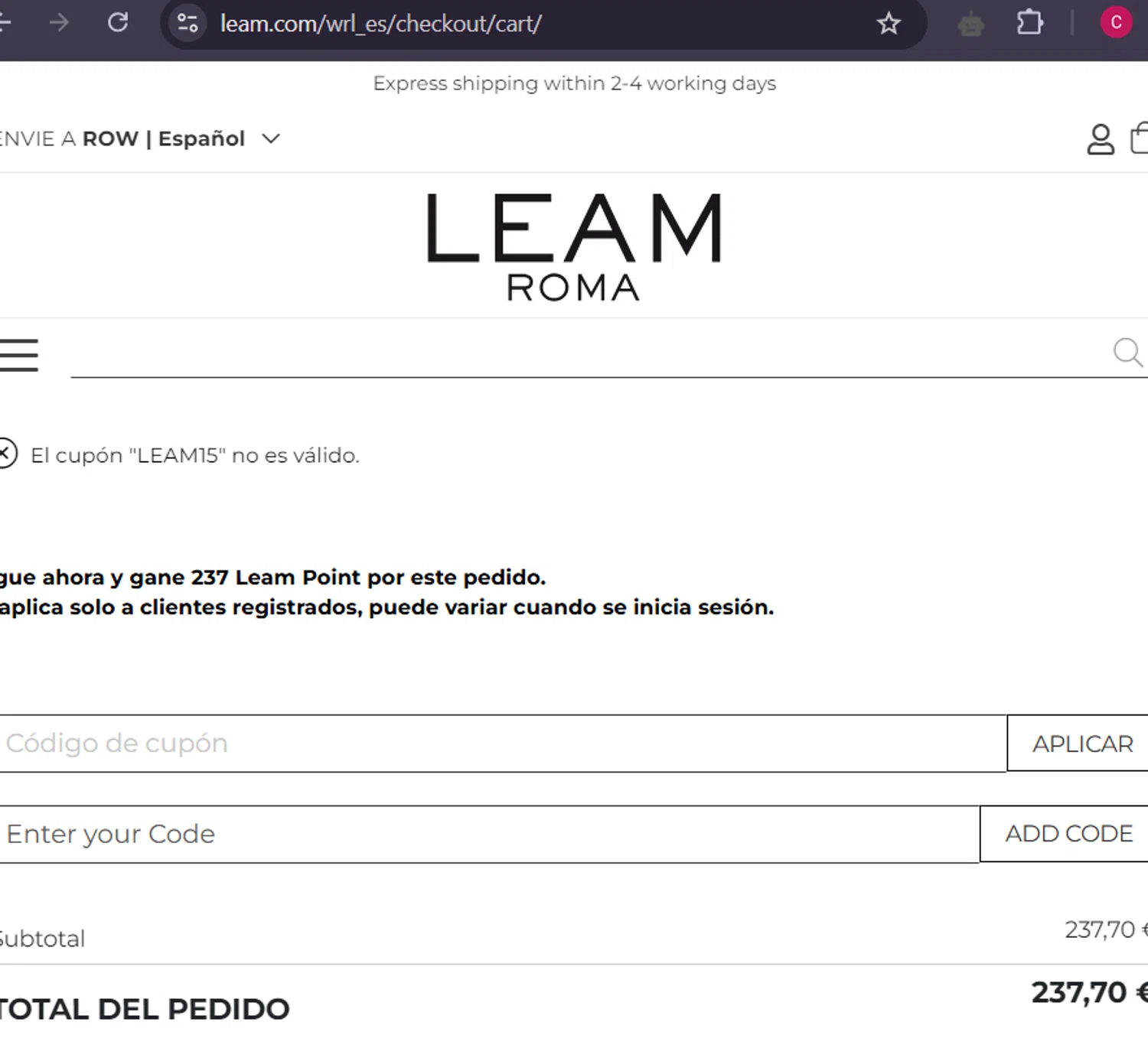Leam promo code screenshot showing code LEAM15 applied at Leam checkout page. Uploaded by SimplyCodes community member Coolemorestt on Jan 7, 2025