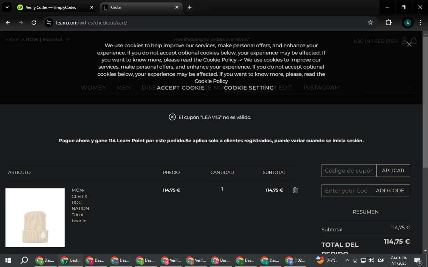 Leam promo code screenshot showing code LEAM15 applied at Leam checkout page. Uploaded by SimplyCodes community member HAOJIN on Jan 7, 2025