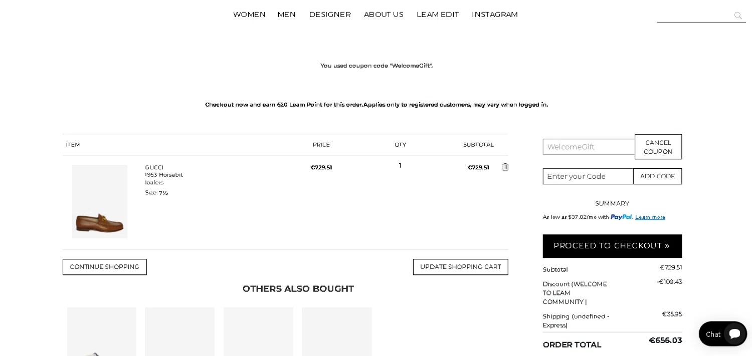 Leam promo code screenshot showing code WelcomeGift applied at Leam checkout page. Uploaded by SimplyCodes community member CashAce9852 on Jul 2, 2025