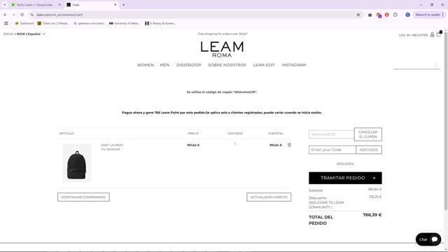 Leam checkout page showing Leam promo code box | Screenshot taken by SimplyCodes community member on Apr 17, 2025