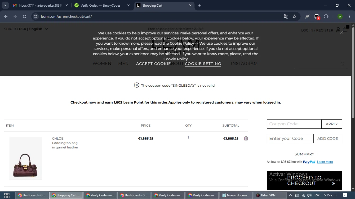 Leam promo code screenshot showing code SINGLESDAY applied at Leam checkout page. Uploaded by SimplyCodes community member CashLynx5338 on Nov 7, 2025