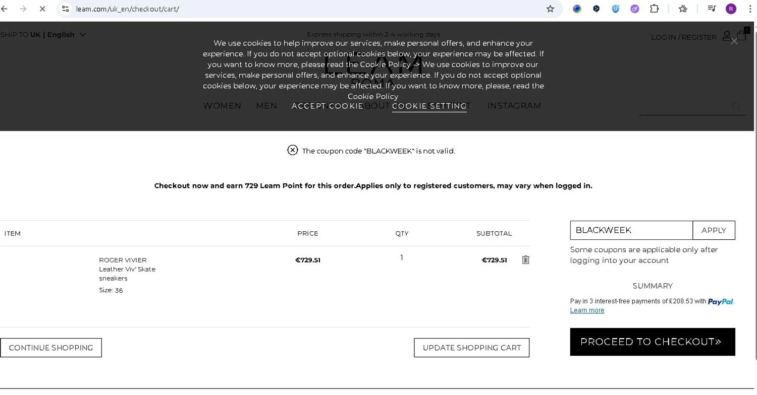 Leam promo code screenshot showing code BLACKWEEK applied at Leam checkout page. Uploaded by SimplyCodes community member LAMINEJAMAL on Dec 17, 2025