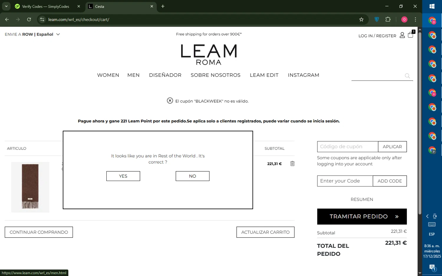 Leam promo code screenshot showing code BLACKWEEK applied at Leam checkout page. Uploaded by SimplyCodes community member LegendaryRanger6350 on Dec 17, 2025