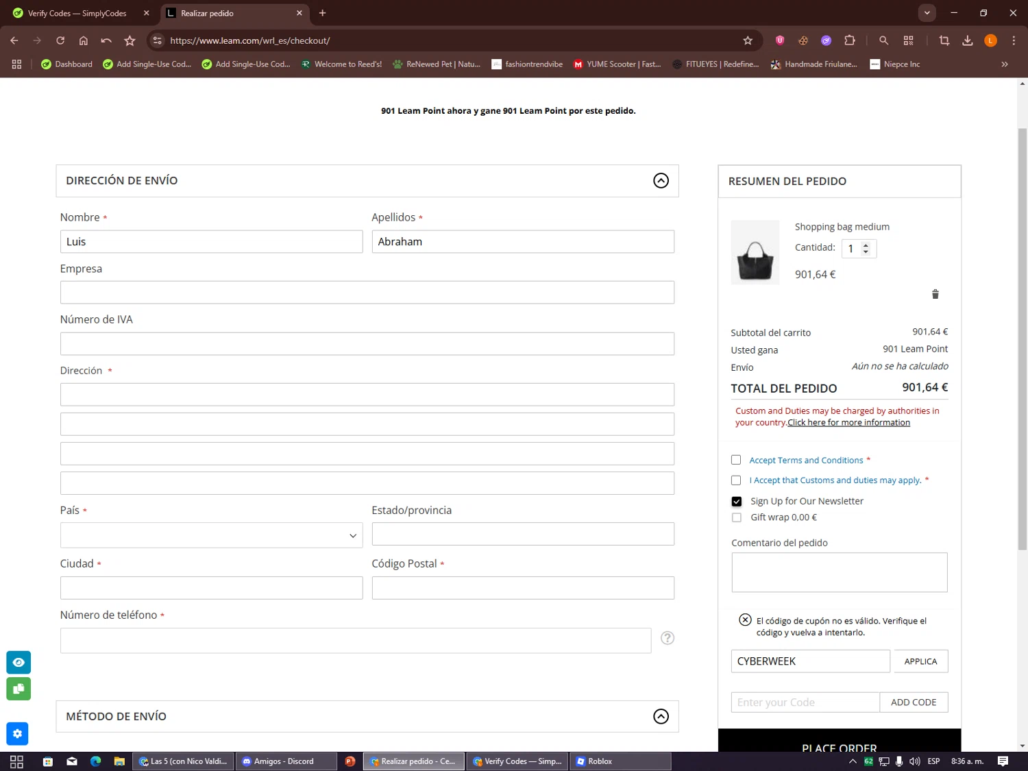 Leam promo code screenshot showing code CYBERWEEK applied at Leam checkout page. Uploaded by SimplyCodes community member Alalee on Dec 17, 2025
