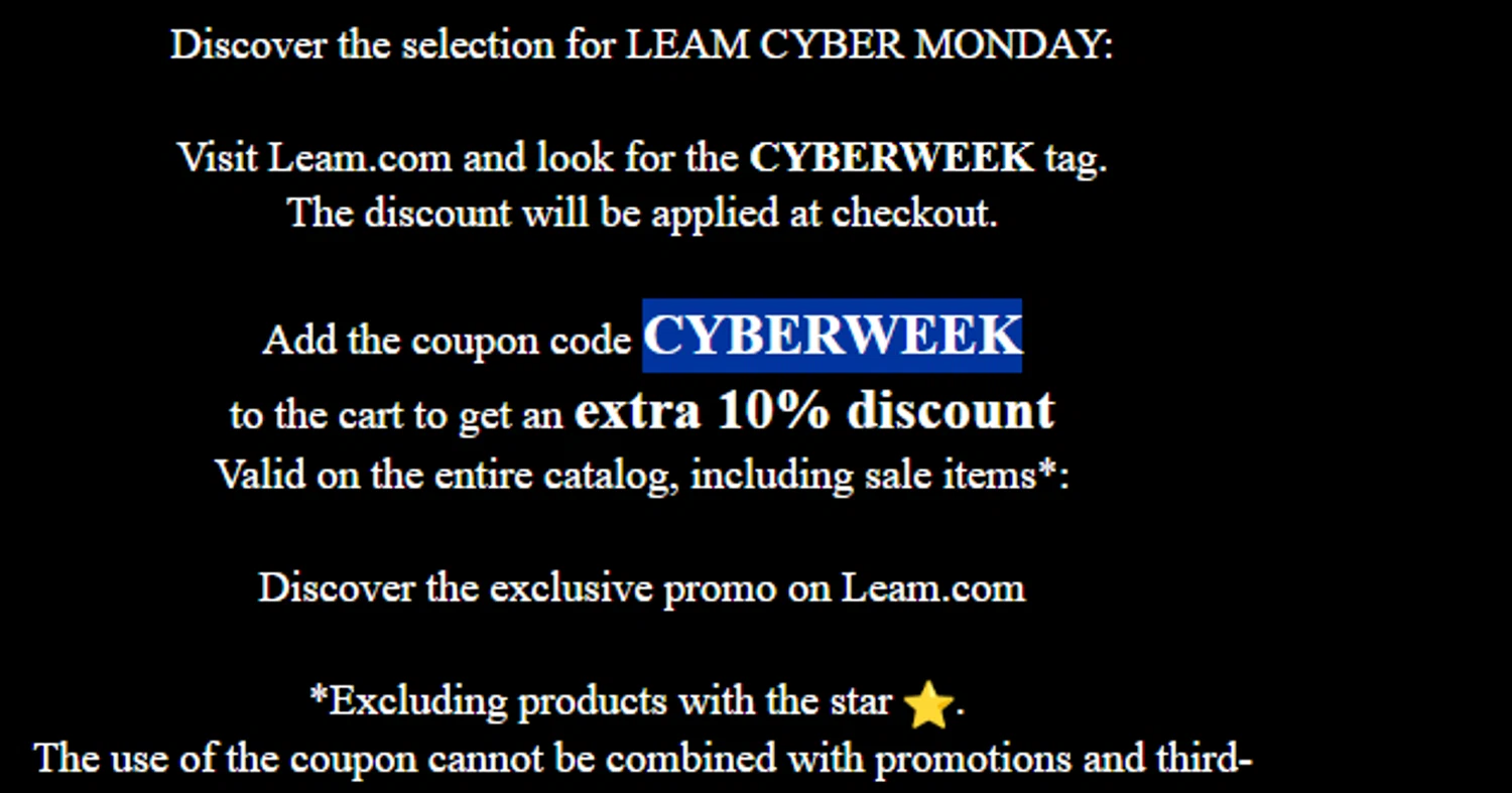 Leam promo code screenshot showing code CYBERWEEK applied at Leam checkout page. Uploaded by SimplyCodes community member Biden0442069257555 on Dec 1, 2025