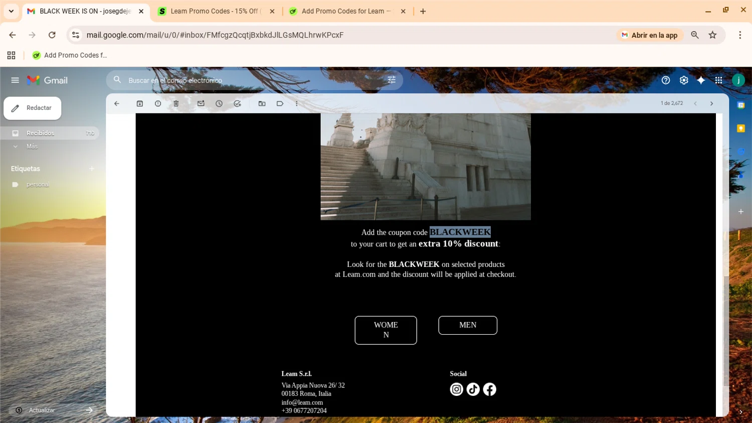 Leam promo code screenshot showing code BLACKWEEK applied at Leam checkout page. Uploaded by SimplyCodes community member yennifergonzalez on Nov 24, 2025