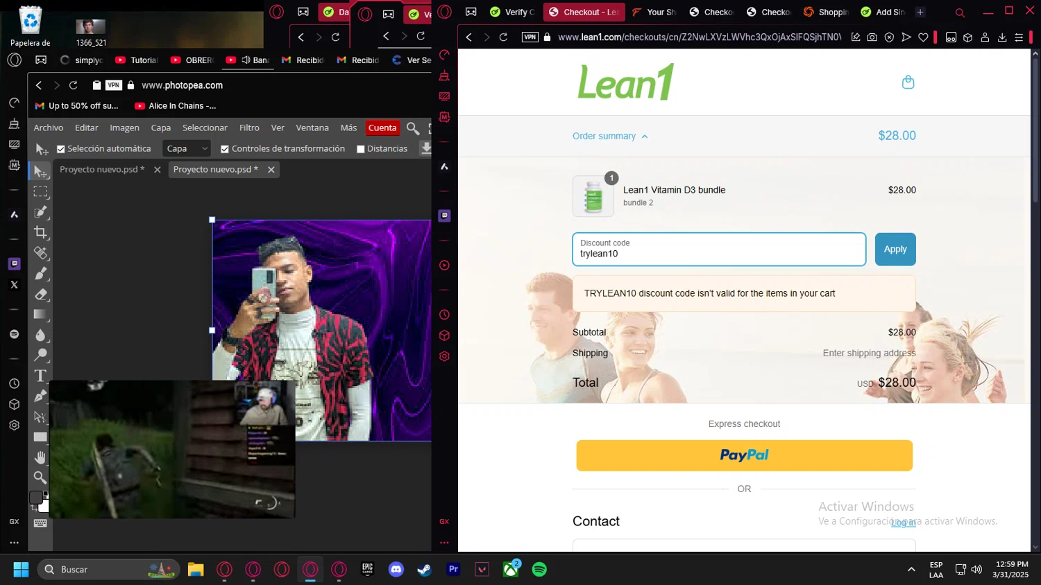 Lean1 discount code screenshot showing code trylean10 applied at Lean1 checkout page. Uploaded by SimplyCodes community member Halanweik on Mar 31, 2025