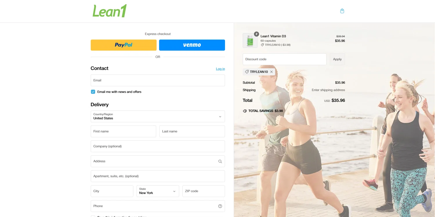 Lean1 discount code screenshot showing code trylean10 applied at Lean1 checkout page. Uploaded by SimplyCodes community member BrilliantVoyager5752 on Mar 3, 2025