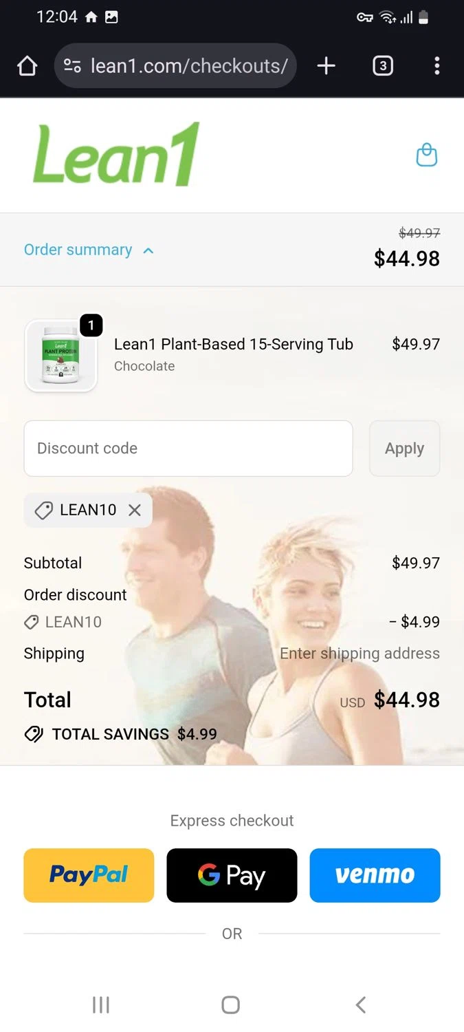 Lean1 discount code screenshot showing code LEAN10 applied at Lean1 checkout page. Uploaded by SimplyCodes community member tulioriera on Dec 24, 2025